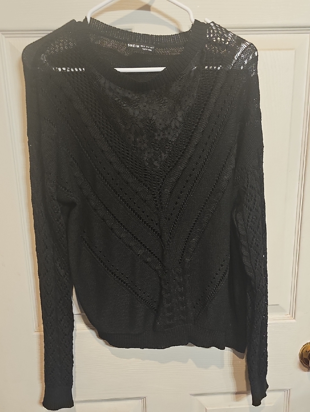 SHEIN Black Openwork Crewneck Sweater